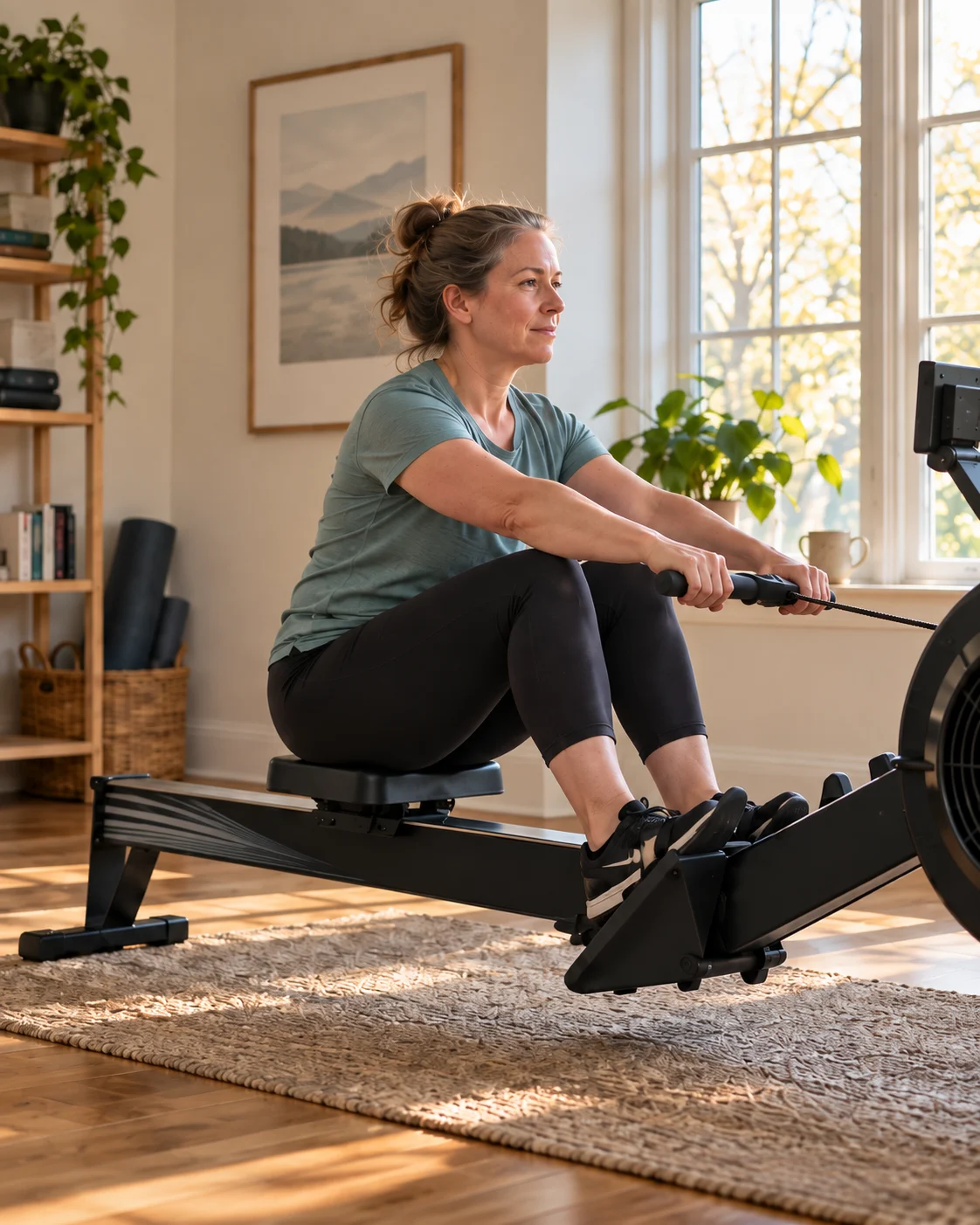 An illustrative scene of a woman rowing at home beside a sunlit window.