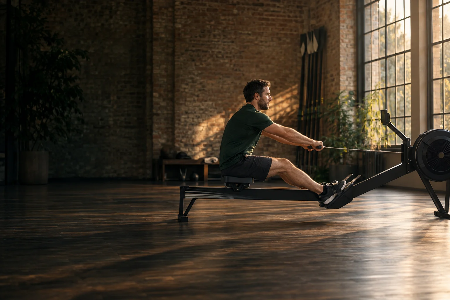Illustrative indoor rowing studio in warm evening light.
