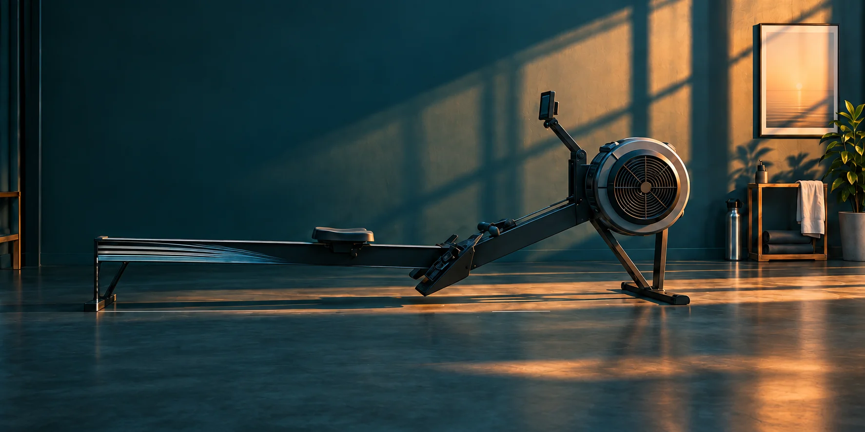 An empty rowing machine viewed side-on in a blue-green studio at sunset.